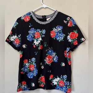 Tory Burch Women’s Red Floral Print Rhinestone Embellished Gemini T-shirt Large